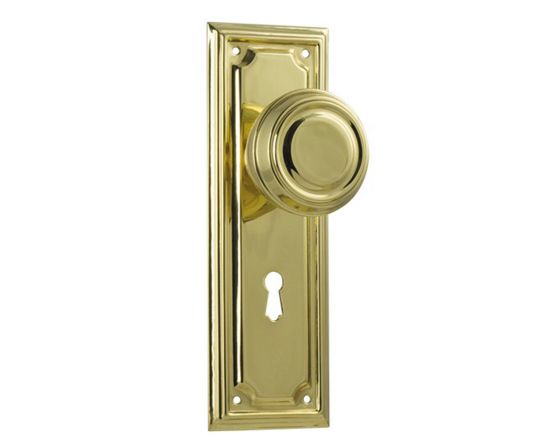 Edwardian knob on lever lock plate set - Polished Brass